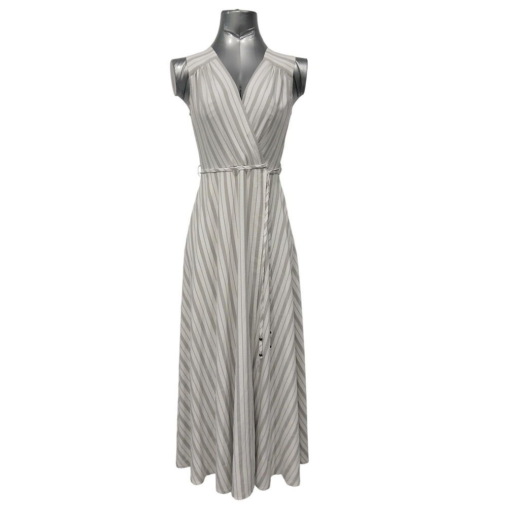Calvin Klein Womens Sz 2 Grey White Striped Wrap Maxi Dress Preppy Costal